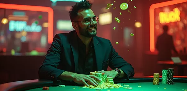 Man smiling with stacks of money at casino table
