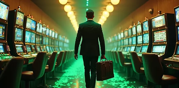 Man walking through slot machines with briefcase