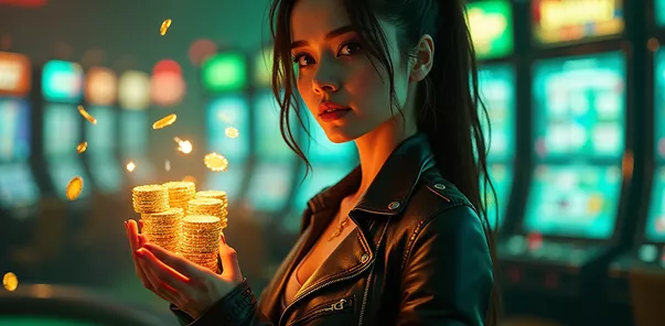 Woman holding casino chips with neon lights